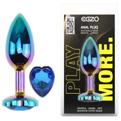 Анальная пробка EGZO Multicolor Heart с синим кристаллом, радужная, размер M