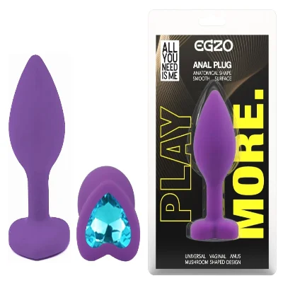 Анальная пробка EGZO Silicone Violet Heart Plug, размер S, фиолетовая с синим кристаллом