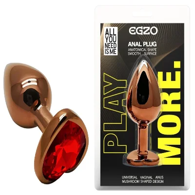 Анальная пробка EGZO Dark Gold Heart Plug S с красным кристаллом, металлическая