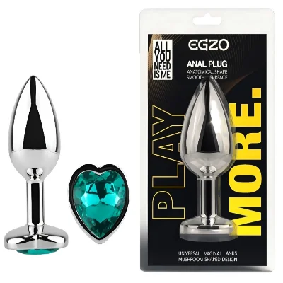 Анальная пробка EGZO Silver Heart Plug S, серебристая с бирюзовым кристаллом в форме сердца