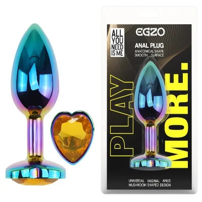 Анальная пробка EGZO Multicolor Heart Plug M с жёлтым кристаллом, металлическая