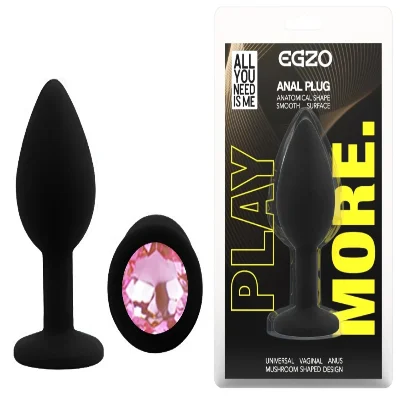 Анальная пробка EGZO Silicone S черная с розовым кристаллом из медицинского силикона