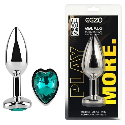 Анальная пробка EGZO Silver Heart Plug Marine M из нержавеющей стали с кристаллом в форме сердца
