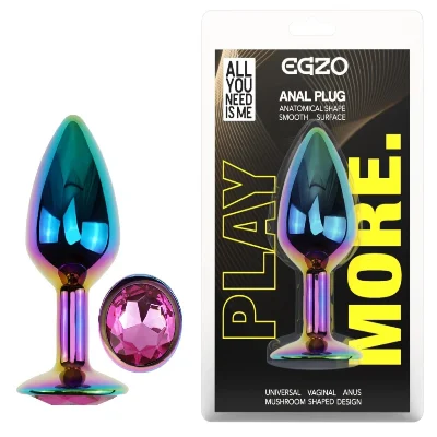 Анальная пробка EGZO Multicolor Round Plug S с розовым кристаллом, радужная металлическая