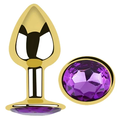 Анальная пробка EGZO Gold Round Plug Purple S, металлическая с фиолетовым кристаллом