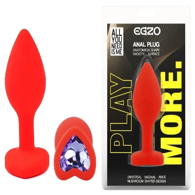 Анальная пробка EGZO Red Heart Plug, красная силиконовая с кристаллом, размер S