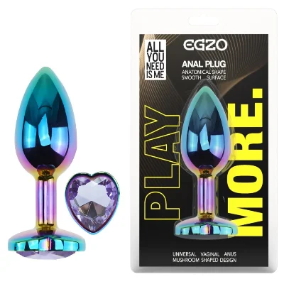 Анальная пробка EGZO Multicolor Heart Plug S с аметистом, металлическая с радужным покрытием