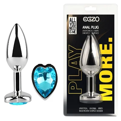 Анальная пробка EGZO Silver Heart Plug Aqua M из стали с синим кристаллом-сердцем