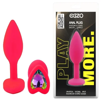 Анальная пробка EGZO Silicone Pink Heart Plug S с кристаллом, розовая, силикон