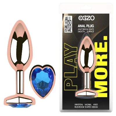 Анальная пробка EGZO Rose Gold Heart Plug с синим кристаллом, металлическая, размер M