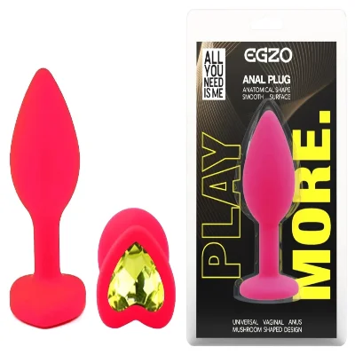Анальная пробка EGZO Silicone Pink Heart Plug S, розовая, с жёлтым кристаллом