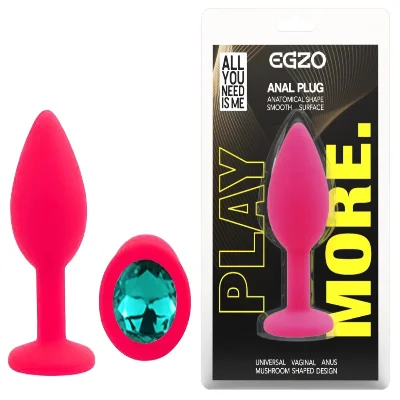 Анальная пробка EGZO Pink Round Plug S с зеленым кристаллом, медицинский силикон