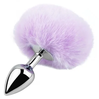 Анальная пробка EGZO Bunny Tail Silver Plug S с пушистым хвостиком, светло-фиолетовая