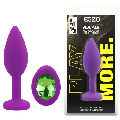 Анальная пробка EGZO Silicone Purple Round Plug S, фиолетовая, силиконовая, с зелёной вставкой