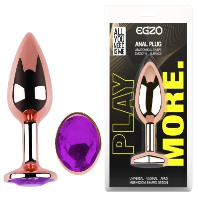 Анальная пробка EGZO Rose Gold Round Plug M из нержавеющей стали с фиолетовым кристаллом