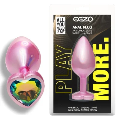 Анальная пробка EGZO Pink Perl Heart Plug S с радужным кристаллом, стальная
