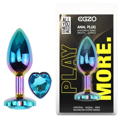 Анальная пробка EGZO Multicolor Heart Plug S с голубым кристаллом, металлическая
