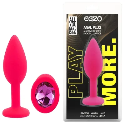 Анальная пробка EGZO Silicone Pink S, розовая силиконовая с кристаллом Aqua, гладкая
