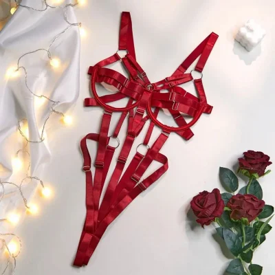 Эротический открытый боди с ремнями "Aisha", red S