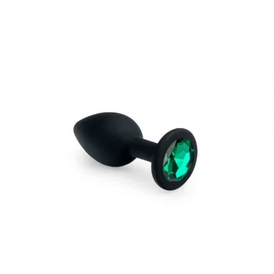 Анальная пробка чёрного цвета с зеленым кристаллом Black Silicone Emerald, S