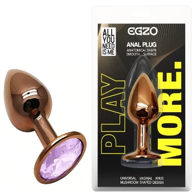 Анальная пробка EGZO Dark Gold с кристаллом аметиста, металлическая анатомическая, размер S