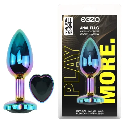 Анальная пробка EGZO Multicolor Heart Plug S, радужная металлическая с кристаллом