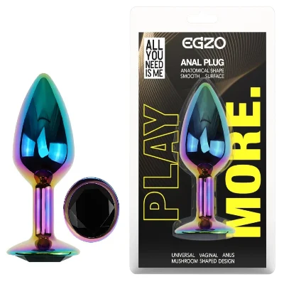 Анальная пробка EGZO Multicolor Round Plug Blue S с кристаллом, металлическая радужная