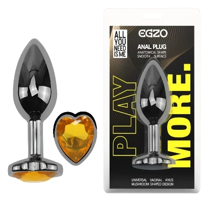 Анальная пробка EGZO Dark Silver Heart Plug M, металлическая с желтым кристаллом