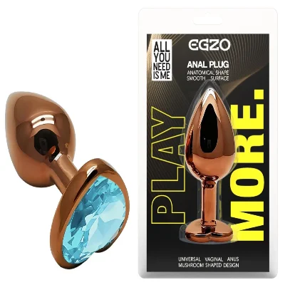 Анальная пробка EGZO Dark Gold Heart Plug Aqua S с голубым кристаллом, розовое золото