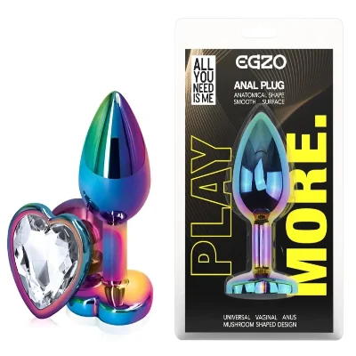 Анальная пробка EGZO Multicolor Heart Plug M — металлическая с кристаллом в форме сердца