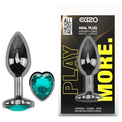 Анальная пробка EGZO Dark Silver с кристаллом в форме сердца, металлическая, размер S