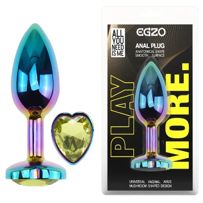 Анальная пробка EGZO Multicolor Heart Plug M с кристаллом, металлическая радужная