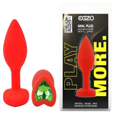 Анальная пробка EGZO Silicone Red Round Plug S с розовым кристаллом, медицинский силикон