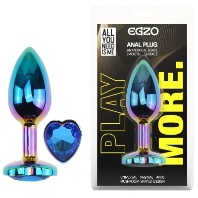 Анальная пробка EGZO Multicolor Heart Plug Blue S, металлическая с кристаллом