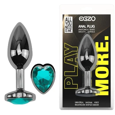 Анальная пробка EGZO Dark Silver M, металлическая анатомичная, с бирюзовым кристаллом