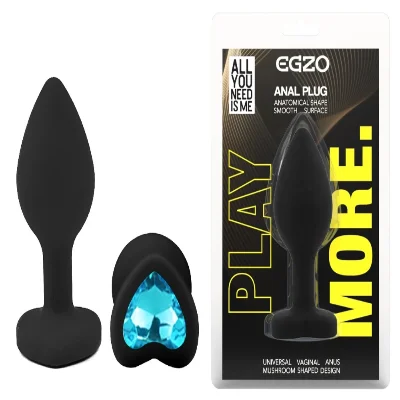 Анальная пробка EGZO Black Heart Plug S с синим кристаллом, медицинский силикон