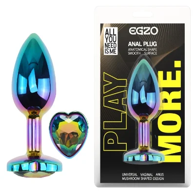 Анальная пробка EGZO Multicolor Heart Plug, радужный металлический плаг с кристаллом, размер M