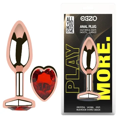 Анальная пробка EGZO Rose Gold Heart M, стальная с красным кристаллом, розовое золото