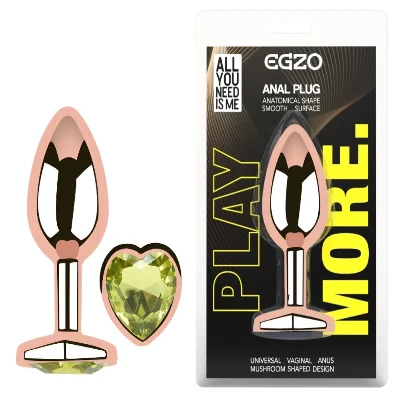 Анальная пробка EGZO Rose Gold Heart Plug S с лаймовым кристаллом, металлическая