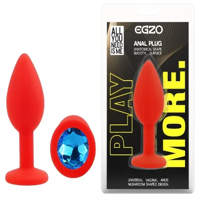 Анальная пробка EGZO Silicone Red Round Plug S, силиконовая, с голубым кристаллом