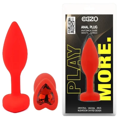 Анальная пробка EGZO Silicone Red Heart Plug S с кристаллом, красная силиконовая игрушка
