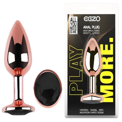 Анальная пробка EGZO Rose Gold M с черным кристаллом, гладкая металлическая анатомическая