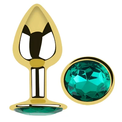 Анальная пробка EGZO Gold Round Plug S с зеленым кристаллом, гладкая металлическая основа