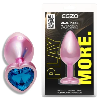 Анальная пробка EGZO Pink Perl Heart Plug S, розовая металлическая с синим кристаллом