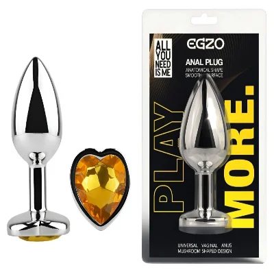 Анальная пробка EGZO Silver Heart Plug Yellow size M с желтым кристаллом