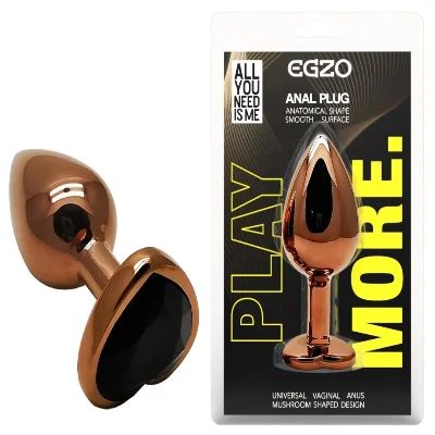 Анальная пробка EGZO с кристаллом Dark Gold Heart Plug, металлическая, чёрный кристалл