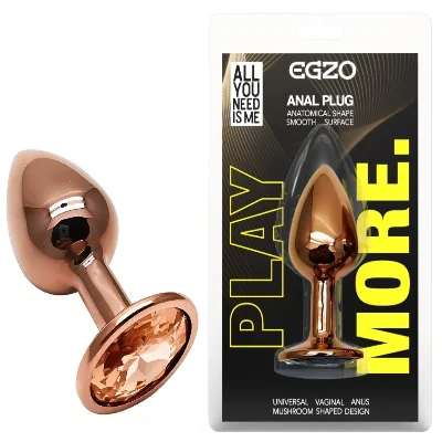 Анальная пробка EGZO Dark Gold с кристаллом, гладкая металлическая, размер S, 70×28 мм
