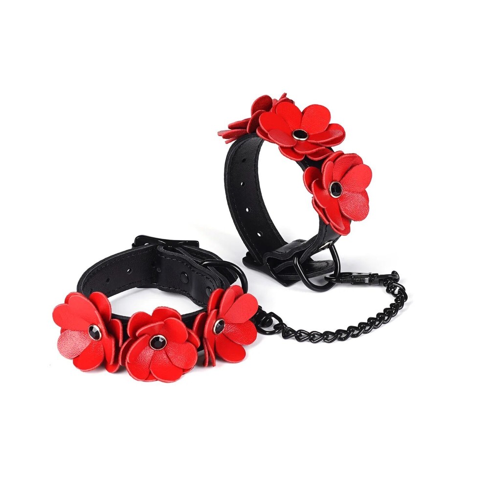Наручники Liebe Seele Flower Rhythm - Black and Red Leather Flowers Hand Cuffs (м'яте паковання!!!) - зображення 1