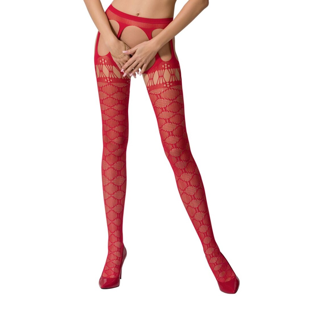 Еротичні колготки-бодістокінги Passion S025 One Size, Red, імітація ажурних панчішок з пояском - зображення 1