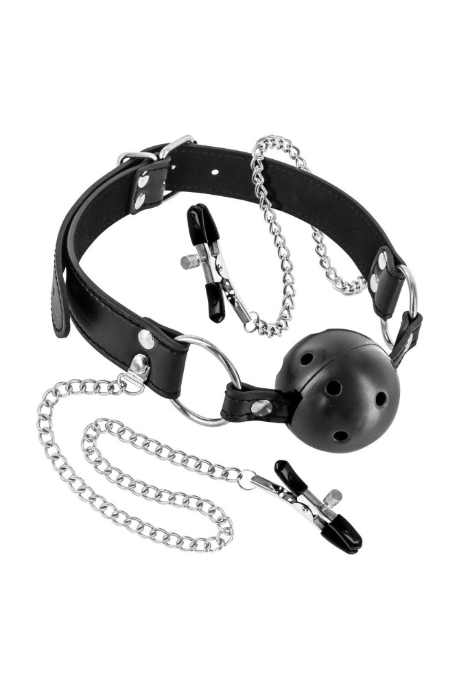 Повітропроникний кляп із затискачами для сосків Fetish Tentation Rigid Gag Ball with Nipple Clamps - зображення 1